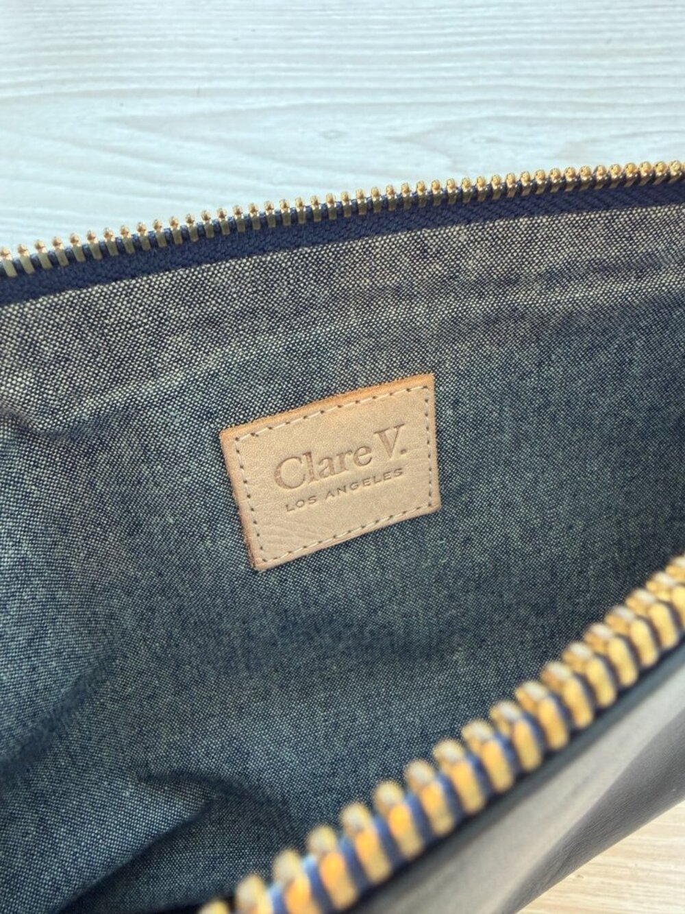 Clare V Foldover Clutch Black Cobalt Blue Leather Two Tone - Picture 4 of 7